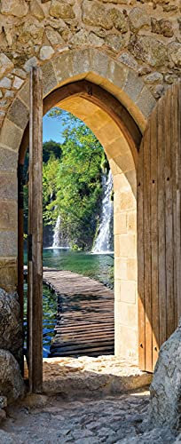 A.Monamour Türtapete Selbstklebend Türfolie Türposter 3D EIN Offener Türbogen Mit Blick Auf Die Holzbrücke Über Den See Vinyl Folie Türdeko Tapete Wandbild Türaufkleber Türtattoo 85 x 215 cm