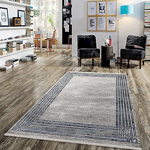 Carpetilla Teppich Wohnzimmer Kurzflor Esszimmer Vintage Richmond Blau Grau Muster (200x290 cm)