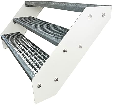 Kaminbau Mierzwa Premium Stahl Treppe Verzinkt & Weiß Pulverbeschichtet 3 Stufen (Breite 60 cm) (Höhe 57 cm) Wetterfest Gitterroststufe Gartentreppe