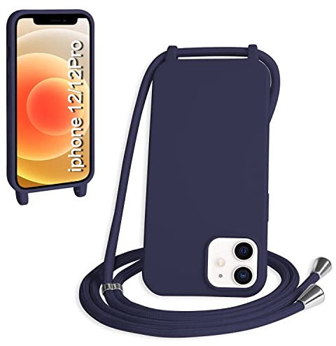 SLWYF Crossbody Lanyard Case for iPhone 12 Pro/iPhone 12, Liquid Silicone Protective Phone Case with Strap Adjustable Neck Cord Necklace Soft Cover for iPhone 12 Pro/iPhone 12, Navy blue