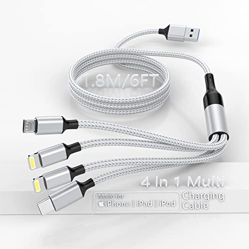 4 in 1 Multi USB Ladekabel 1,8 m Nylon mit iPhone Micro USB Typ C für iPhone 14 13 12 11 X XR 8, Android Galaxy S21 S20 S10, Huawei, Sony, OnePlus, Nokia, Kindle, LG
