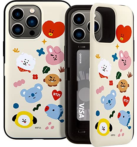 BT21 Offizielle Merchandise für iPhone 14 Pro Max Hülle mit Kartenhalter Spiegel Stoßfest Schutzhülle Dünn Slim Hard PC Back Cover Handyhülle 6,7 Zoll