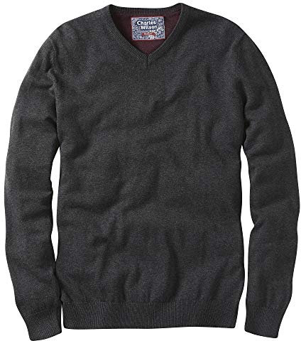 Charles Wilson Men's Fine Knit Cotton V-Neck Jumper (L, Charcoal (0422))