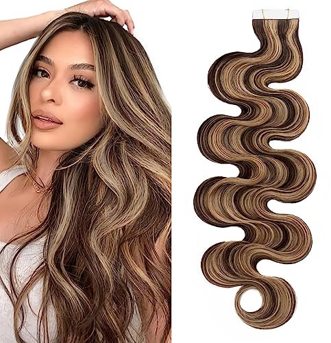 SEGO Echthaar Extensions Tape Klebeband Haarverlängerung Invisible Seamless Skin Weft Menschenhaarverlängerung 50GR/20PCS 12(30cm)-20 PCS-Gewellt Mittelbraun/Honigblond #4p27