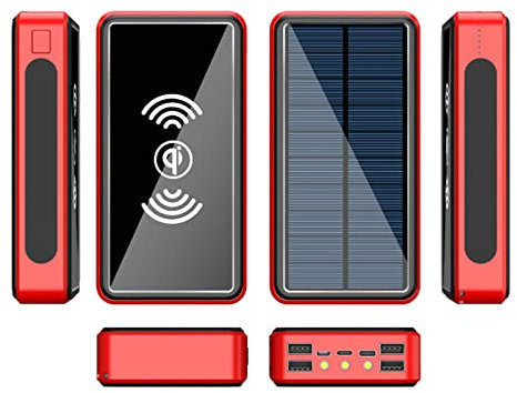 Wttfc Chargeur Solaire 50000mAh avec 5 Sorties 4 Entrées Batterie Externe Solaire sans Fil avec Lampe de Poche LED Power Bank Solaire Batterie Solaire Portable pour Smartphones,Tablette,Camping,Rouge