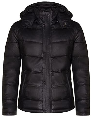 Men's Puffer Black Leather Quilted Warm Bomber Hooded Jacket 5XL