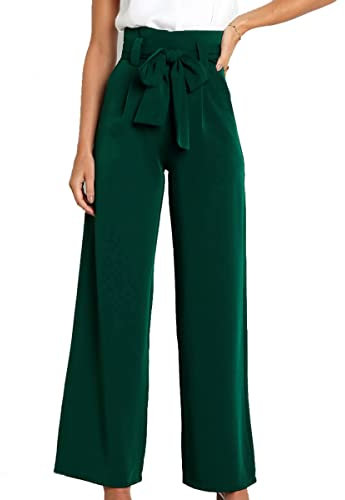 LIAOPUFUS Donna Pantaloni Stile OL Office Wear Pantaloni da Pendolare Fluidi Pantaloni da Lavoro con Cintura a Gamba Larga (Verde scuro-1,M)