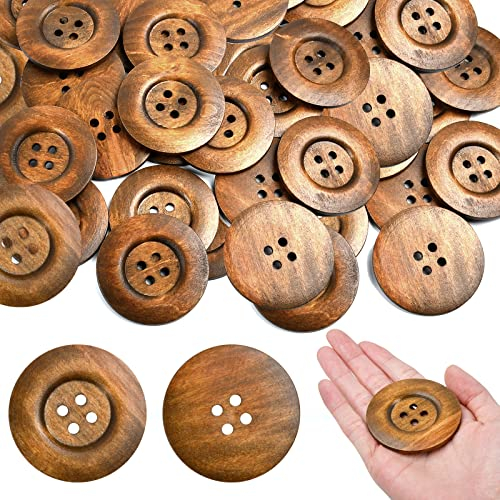 Aemygo 50 Stück 6 cm große Holzknöpfe, 4 Löcher, große Größe, runde Nähknöpfe, 60 mm, natürliche Holzknöpfe für Handwerk, DIY-Projekte, Nähen, Dekoration, Tasche (braun)