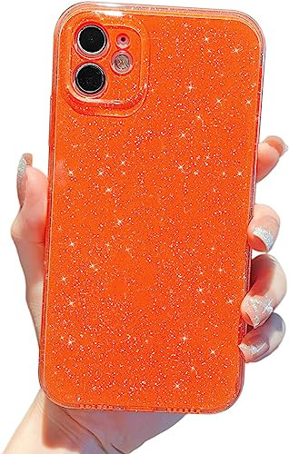Finyosee Compatible with iPhone 11 Case 6.1 inch, Cute Neon Bright Color,Glitter Bling Thin Slim Shockproof Silicone Sparkly Case, Soft TPU Phone Case for Women Girl-Orange
