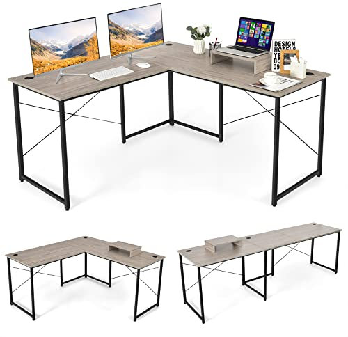 COSTWAY Scrivania Angolare per Computer con Supporto per Monitor, Scrivania Porta PC in Legno, Scrivania Salvaspazio e Moderna per Ufficio e Studio, 240 x 60 x 74 cm (Grigio)