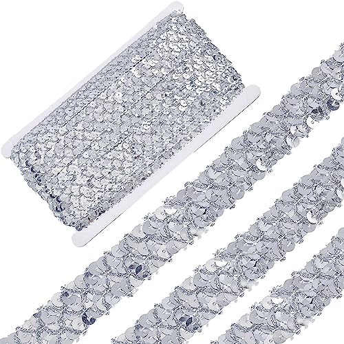GORGECRAFT 13m Pailletten besatz Bling-Stoff Paillette-Bänder 20 mm Flach Glitzernd Silberfarbene Kunststoff-Perlenspitze Metallisch Glänzend Nähen Für Kleid Stirnband Basteln