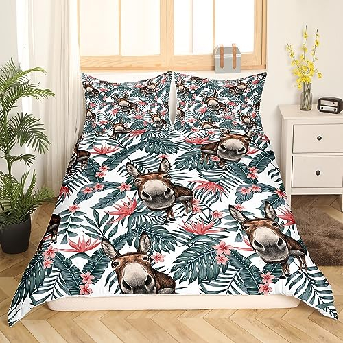 richhome Nette Esel Bettbezug 135x200,Rustikale Bauernhaus Stil Tier Bettwäsche Set, Tropische Palmenblätter Blumen Tröster Bezug Soft Quilt Cover