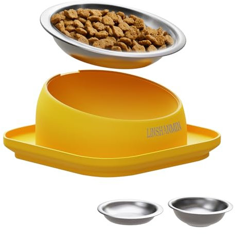 LINSHANMIN Tilted Cat Food Bowls, Cat Feeding Bowls Whisker Friendly, Raised Cat Bowls for Indoor Cats, Slanted Flat Plastic Feeder Elevated Angled Design, 3 in 1 Combined Cat Food Bowls(Yellow)