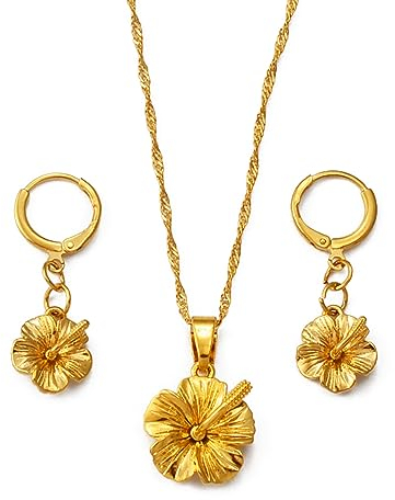 DELLEN Kleine Größe Hibiskus Blumen Schmuck Sets Anhänger Halsketten Ohrringe Frauen Mädchen Guam Hawaiianischer Hochzeitsschmuck Weihnachtliches Geburtstagsgeschenk für Jubiläen