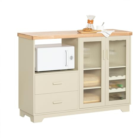 SoBuy Küchenschrank Buffet Kommode mit Glastüren & Schubladen Sideboard mit 120 cm Arbeitsplatte, Mikrowellenfach & Weinregal Küchenmöbel für Wohnzimmer & Esszimmer Beige 120x90x40cm FSB81-MI