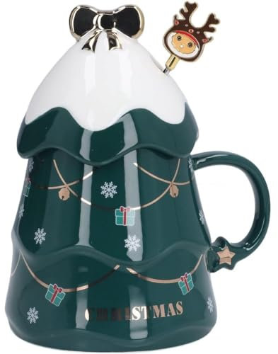 FülleMore 3D Weihnachtsbaum Trinkbecher Neuheit Weihnachtstasse Keramik Kaffeebecher mit Deckel und Ruhrstab 500ml große Kaffeetasse Geschenktasse für Frauen Mädchen Kollegin (Grün)