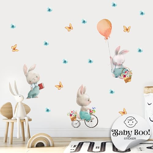 Baby Boo! Wandtattoo Kinderzimmer, Hasen auf Fahrrad mit Buch und Luftballons, Kinderzimmer Deko, Babyzimmer Deko, Wandsticker Kinderzimmer, Wandaufkleber Kinderzimmer, PVC,Wanddeko (90 x 30 cm)