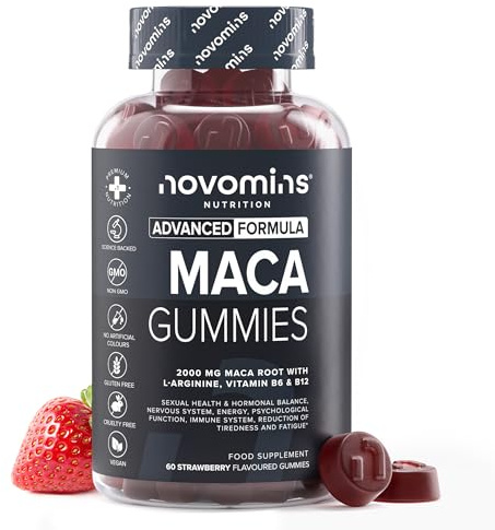 Svart Maca Gummies 2000 mg, L-Arginin, Jordgubb, 60 St, Veganska, Novomins | Med peruansk svart maca, L-arginin samt vitamin B6 och B12, stödjer hormonbalans, energi och nervsystemet, veganska gummies