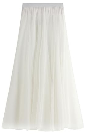 kinstell Tulle Skirts for Women Long Length Tutu Skirt A Line Mesh Elastic Waist Skirts Off-White