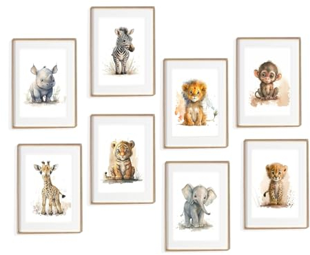 Baby-Safari-Wanddekoration-Set mit 8 niedlichen Tier-Wandkunstdrucken auf Leinwand, Dschungeltier-Poster für Kinder, Spielzimmer-Dekorationen, Elefant, Giraffe, Löwe, Bilder, Baby, Kinderzimmer,