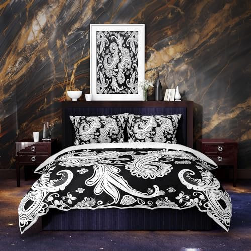 Placitiume Bandana-Bettwäsche-Set, Damastteppich, dekorativ, gesteppt, Bettbezug mit 2 Kissenbezügen, Schwarz