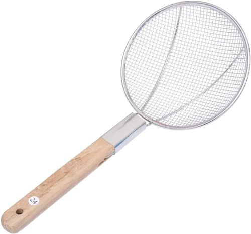 PEBBLE HUG Skimmer Strainer Spoon, Fine Mesh, Frying Strainer, Boiling Noodles, Dumplings, Pasta, Handle for Kitchen Frying Food, Skimmer Spoon, Filtering, Strainer, Skimming, Wooden Handle, (20cm)