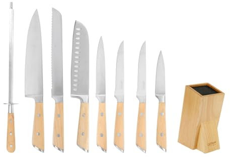 Sitram 716897 ensemble de 8 couteaux de cuisine Manches rivetés en bois de Hêtre FSC+ bloc en hevea FSC : dont Santoku, Couteau Chef, Couteau à pain, Couteau d'office, etc.