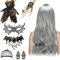 Perücke Halloween Damen, 70cm Grau Lang Wellte Lockig Perücke, Halloween Kostüm Damen, Halloween Accessoires Damen mit Gothic Schmuck Damen für Halloween, Karneval Cosplay