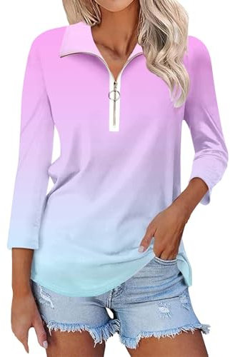 Polo da donna UK, polo da donna di alta qualità 2024 autunno a maniche lunghe con risvolto casual con zip a un quarto in cotone classico sport all'aperto golf tennis t-shirt top, Rosa acceso, S