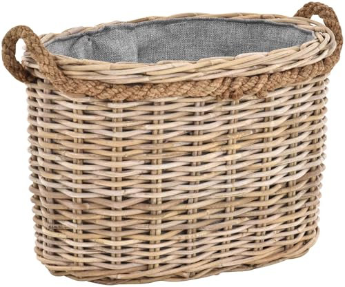 Großer Holzkorb oval Grau Natur Rattan mit Seilrand/Tragekorb aus Rattan (Oval klein)