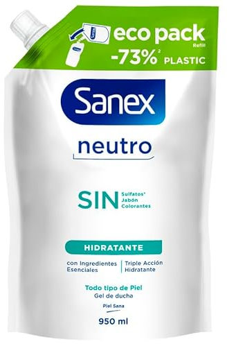 Recambio de Gel de Ducha Sanex Neutro Hidratante 900 ml | Con Ingredientes Esenciales | 0% sulfatos*, 0% jabón y 0% colorantes | Gel de Ducha para Todo Tipo de Piel | Hidratación Duradera