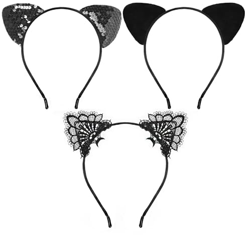 Epokus 3 Stück Katze Haarbänder Haarschmuck,Katzenohren Haarreif,Cat Ears Stirnband,Kopfschmuck Accessoire für zu Karneval & Fasching Kostüm Parteien Deko