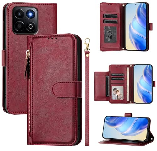 QiongniAN Compatible avec Honor 200 Smart Coque,Compatible avec Honor X7C Alt-NX1 Alt-LX2 / Play 60 Plus 5G ALT-AN00 Flip PU Cuir Zip Portefeuille Etui pour téléphone Portable Red