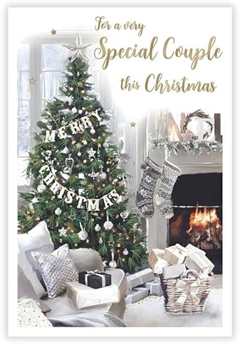 Christmas Card (ICG-X3785) - Special Couple at Christmas - Tree, Fireplace and Stockings - from The Essence Range - Flitter and Foil Finish