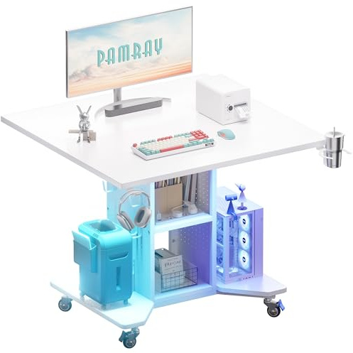 Pamray Petit bureau de jeu roulant avec lumières LED, prises de courant et panneau perforé de rangement, petits espaces, table d'ordinateur compacte pour PC, blanc