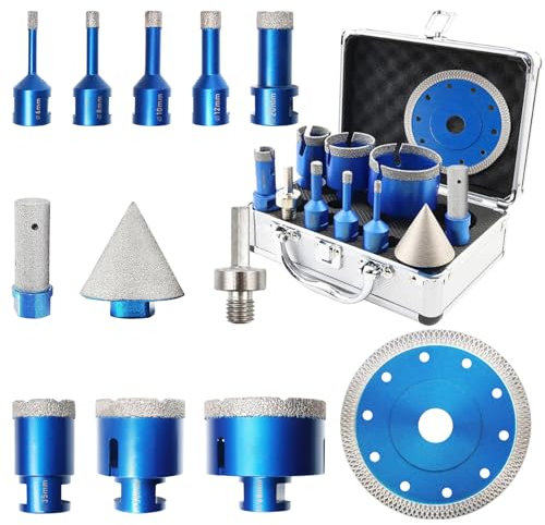 Yabingbos Set di punte diamantate per piastrelle, 12 pezzi, 6/8/10/12/20/35/50/68 mm, M14, con disco da taglio da 125 mm, adattatore per punte smussate da 50 mm, per piastrelle, porcellana, ceramica