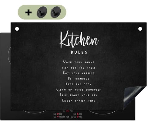 KitchenYeah© Herdabdeckplatte 80x52 cm Einteilig Küche Herdabdeckung Induktionsfeld Ceranfeld Herdabdeckplatten Vinyl Matte, Spritzschutz Küchenrückwand Küchenregeln - Schwarz - Weiß