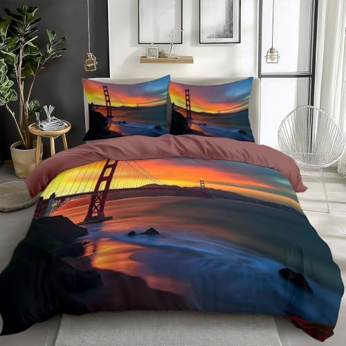 Orangerot Bettwäsche 135x200 cm Stadt San Francisco Golden Gate Bridge 3D-Druck Bettwäsche-Sets, Weich Mikrofaser Bettbezug 3-Teilig mit 2 Kissenbezüge 80x80 cm, Bettwäsche Set mit Reißverschluss