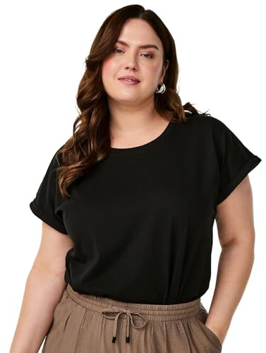 Zizzi T-Shirt Damen große Größen - Baumwollmix, Rundhals, Relaxed Fit | Basic Oberteil aus 60% Baumwolle und 40% Polyester, Rundhals mit Umschlagärmeln, relaxed für Alltag und Büro