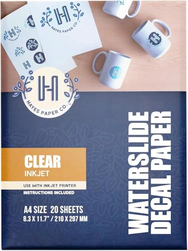 Hayes Waterslide Decal Paper for Inkjet Printers | 20 Clear A4 Sheets (8.25x11.7) | Quick Dry, Strong Adhesion, Easy Application | Premium Water Slide Transfer Paper 200gsm Thickness for DIY Crafts