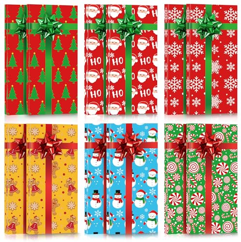 Confezione da 12 scatole regalo di Natale con fiocchi ed etichette, albero di Natale, Babbo Natale, pupazzo di neve, caramelle, fiocchi di neve, omino di pan di zenzero, scatole regalo per feste