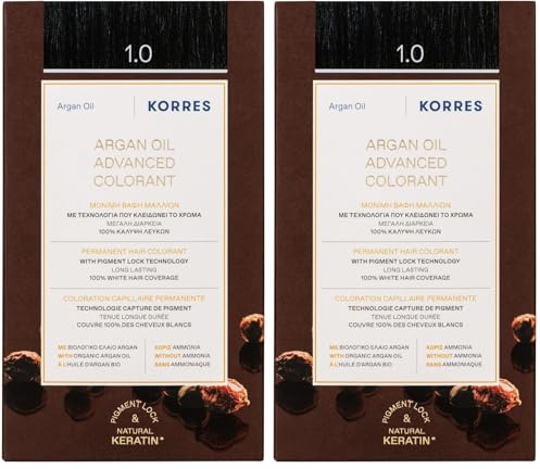KORRES Coloration Permanente aux Extraits Végétaux Couvre 100% des Cheveux Blancs sans Ammoniaque/PPD 1.0 Noir, 1 Unité (Lot de 2)