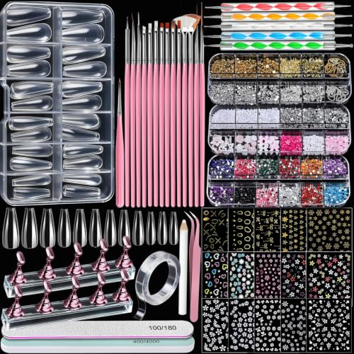 VelvetGlow Acrylic Nail Kit with Clear Coffin Nail Tips, Nail Charms and Gems, Nail Stickers, Nail Art Brushes, Nail Dotting Tools, Nail Stand, Press On Nails Kit for DIY Nail Art