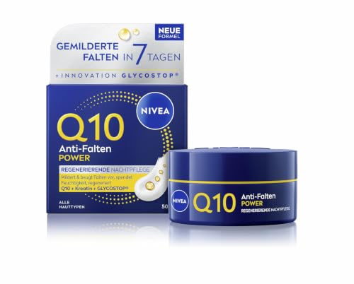NIVEA Q10 Anti-Falten Nachtpflege, Anti-Falten-Nachtcreme mit Q10, Kreatin & Glycostop, reichhaltige Gesichtspflege für alle Hauttypen, POWER Regenerierend (50 ml)