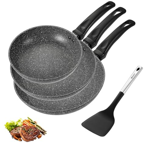 Family Pack 3 Sartenes de Aluminio Antiadherente 20+24+26 cm + Espátula de Nylon (34,5 x 9,5 cm), Revestimiento Duradero, Apta para Todo Tipo de Cocinas, Fácil de Limpiar, Negro Mármol