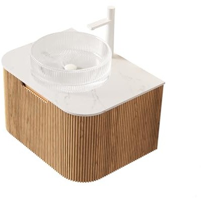 Mueble de lavabo colgante de 61 cm con lavabo de cristal – Mueble de baño con armario bajo – Juego de muebles de baño para pequeños baños e invitados – Mueble bajo lavabo de madera contrachapada con