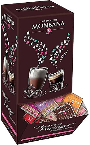 Monbana Coffret 800 gr Assortiment de 200 carrés de chocolat. 10 saveurs différentes, chocolat au lait, noir 70 %...