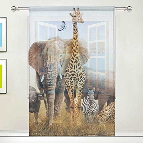 CPYang Durchscheinender Vorhang mit Afrika-Motiv, Elefant, Giraffe, Zebramuster, Voile, Fenstervorhang, Vorhänge für Wohnzimmer, Schlafzimmer, Tür, Küche, 140 x 198 cm, 1 Stück