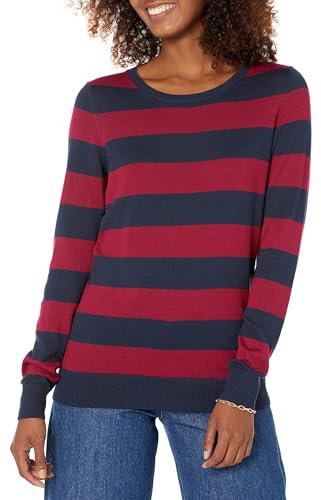 Amazon Essentials Women's Long-Sleeve Lightweight Crewneck Jumper (Available in Plus Size), Burgundy Navy Rugby Stripe, XS