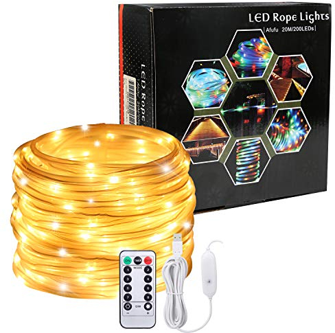 Afufu 20m LED Lichterschlauch 200 USB Lichtschlauch-IP65 Wasserdicht Warmweiß Dekolicht-Lichterkette Innen und Außen-3M Stromkabel-8 Modi Fernbedienbar für Weihnachten Deko Hochzeit Weihnachtsdeko